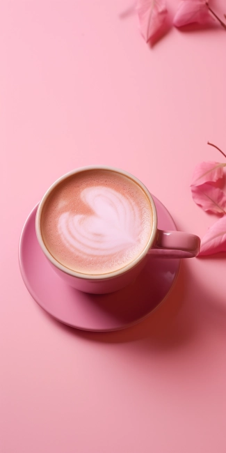 Cup of hot latte art coffee on pink background with flower