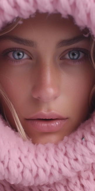 Close-up portrait of a beautiful girl in a pink fur coat