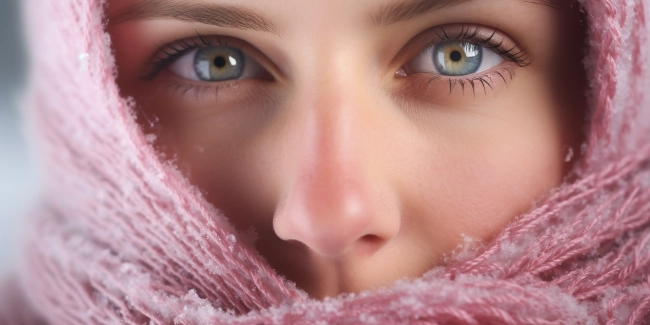 Closeup portrait of beautiful young woman in pink scarf and snowflakes