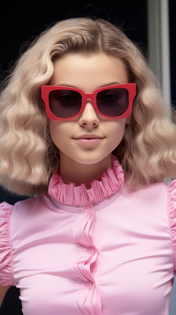 Portrait of a beautiful blonde girl with red sunglasses. Beauty, fashion.