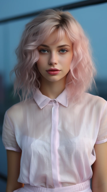 Portrait of a beautiful girl with pink hair in a white blouse