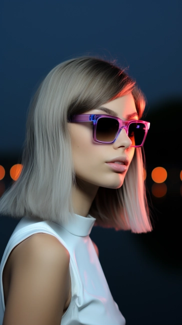 Fashionable girl in sunglasses posing in the city at night with lights