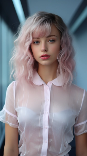 Portrait of a beautiful girl with pink hair and white blouse