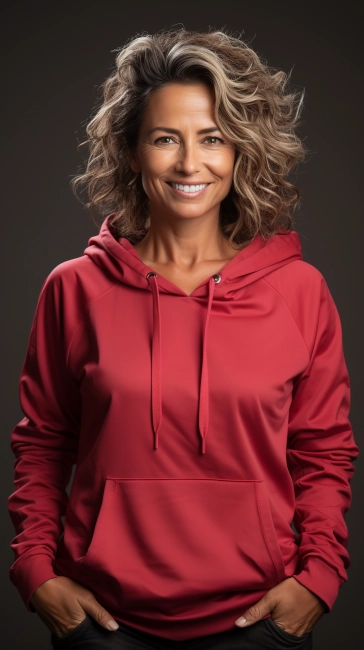 Portrait of a beautiful woman in a red hoodie. Studio shot.