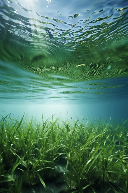 Underwater view of the sea with green grass and sunbeams