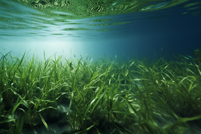 Underwater view of green grass under the water surface. 3d render