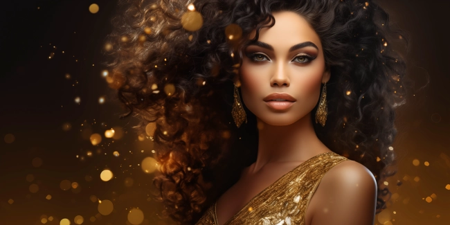 A portrait of a beautiful African American woman, surrounded by gold dust and confetti