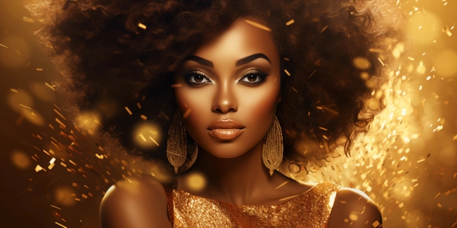 A portrait of a beautiful African American woman, surrounded by gold dust and confetti