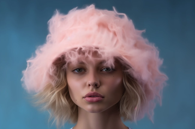 portrait of a young woman in a cap with pink feathers