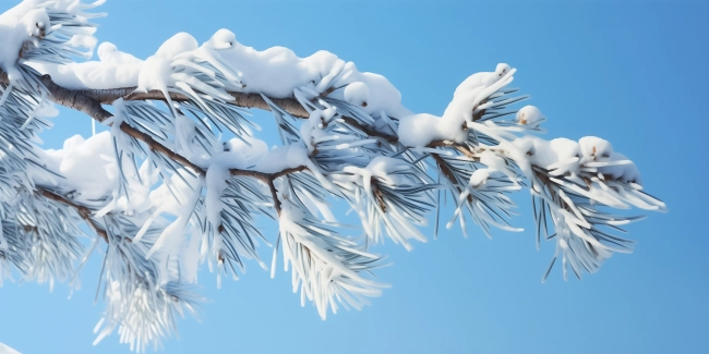 Winter snow background a snow-covered spruce branch hanging from above