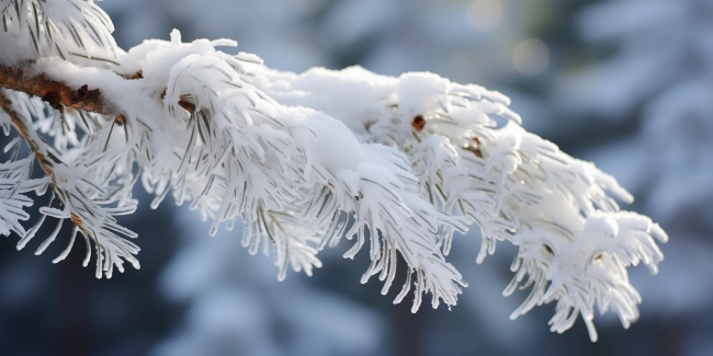 Winter snow background a snow-covered spruce branch hanging from above