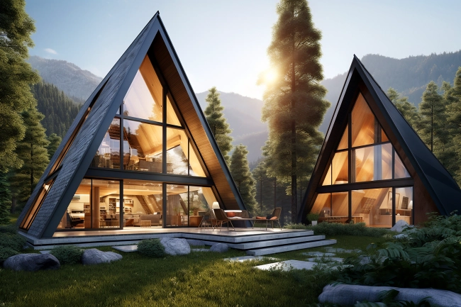 Modern triangular holiday house in the forest