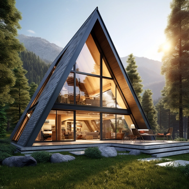 Modern triangular holiday house in the forest