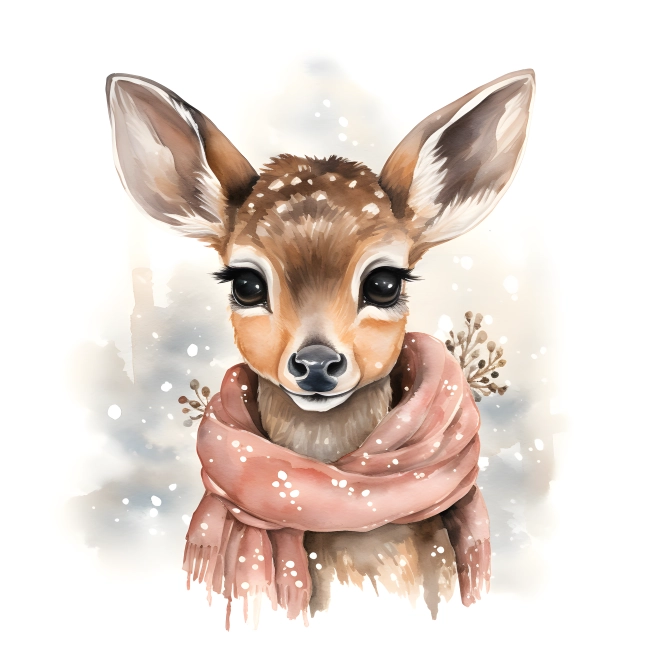 Pastel Colors Snowy Deer with a Scarf