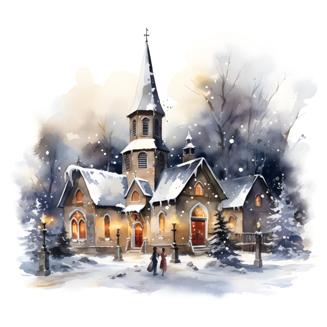 Snowy Night in Church with Enchanting Midnight Mass and Joyful Community Celebration