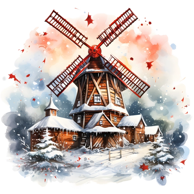 Captivating Vibrant Snowy Christmas Winter Windmill Watercolor Clipart