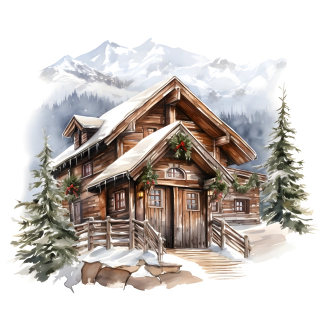 Cozy Christmas Cabin Portrait in Snowy Mountains