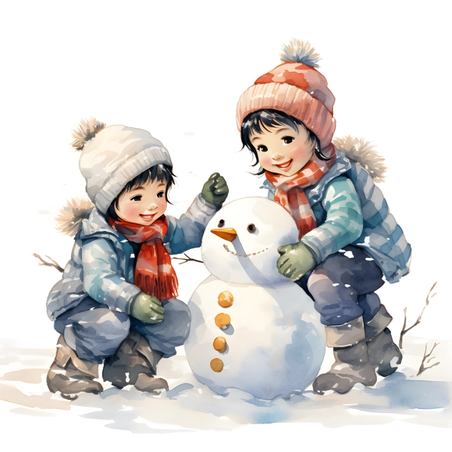 Winter Playful Children with Snowman