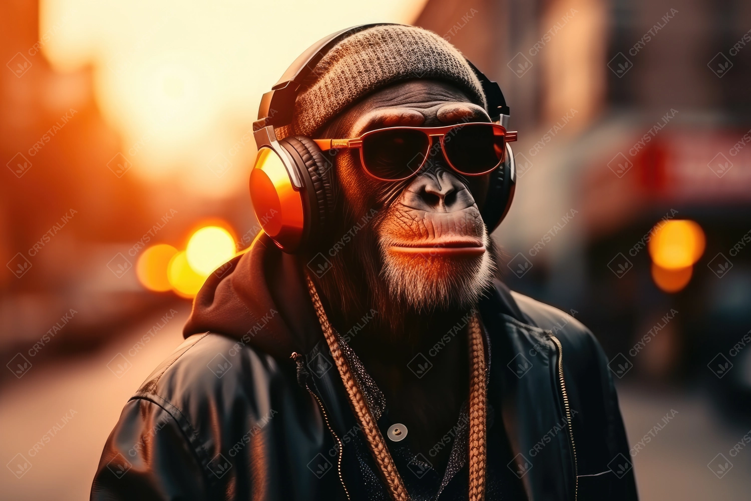 Stylish chimpanzee with headphones listening to music