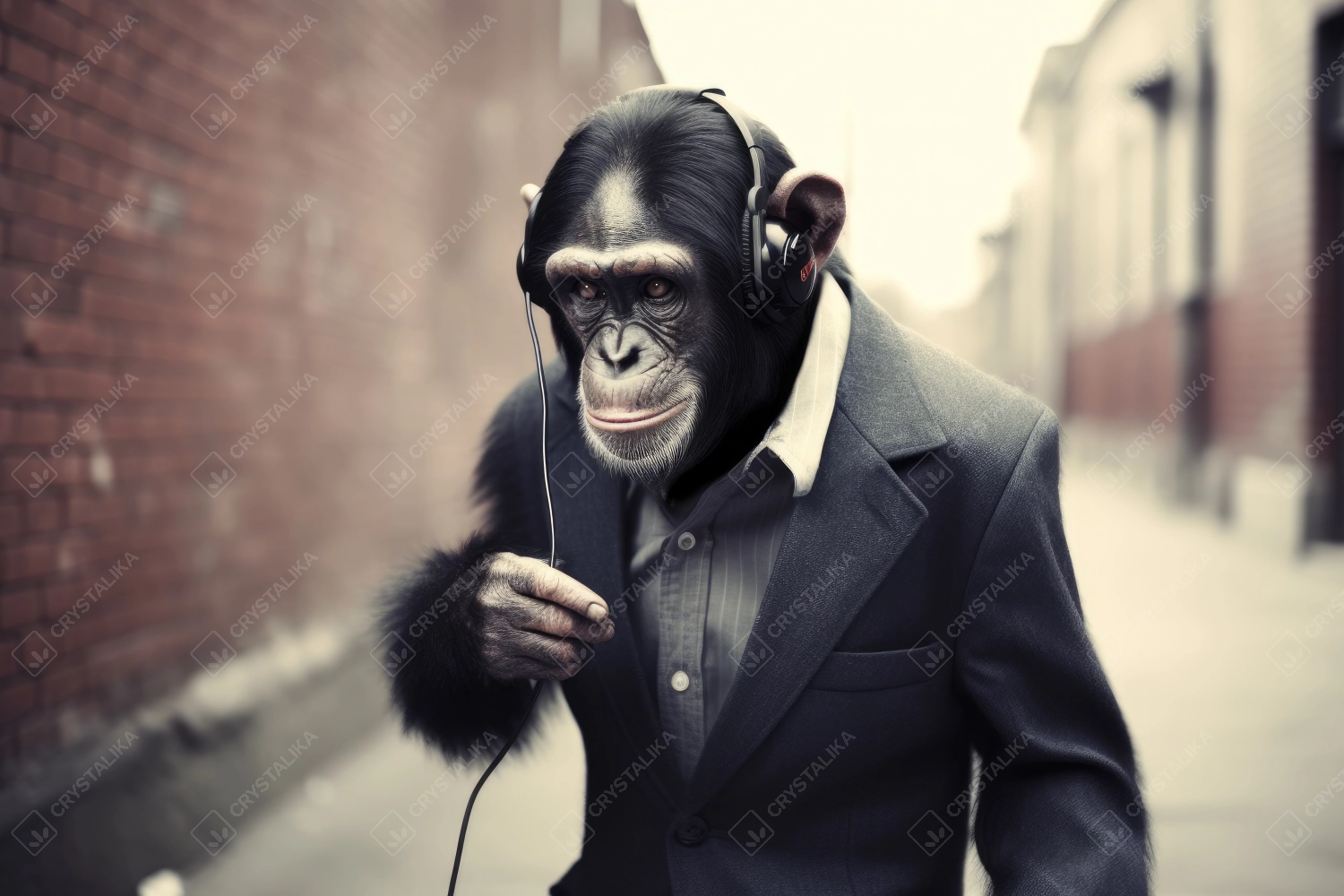 Stylish chimpanzee with headphones listening to music