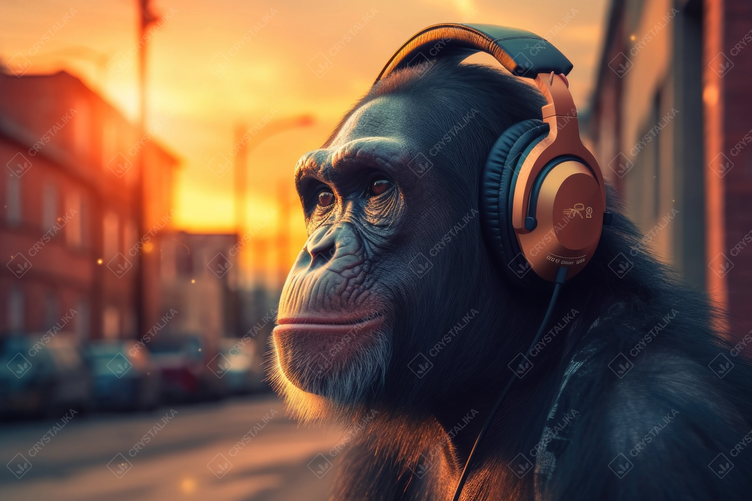 Stylish chimpanzee with headphones listening to music