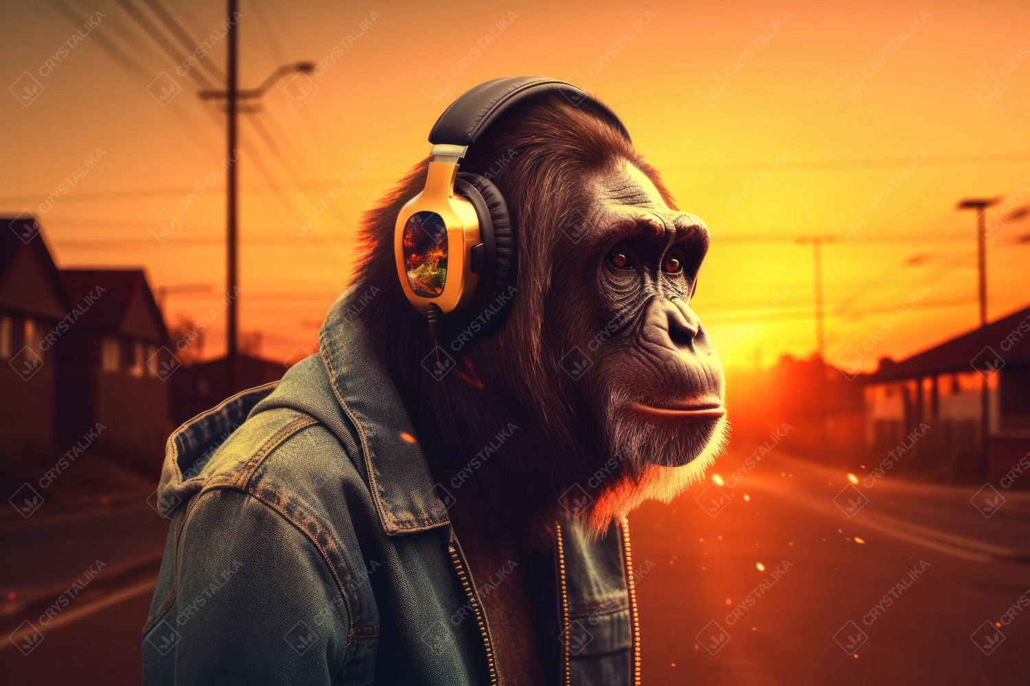 Stylish chimpanzee with headphones listening to music