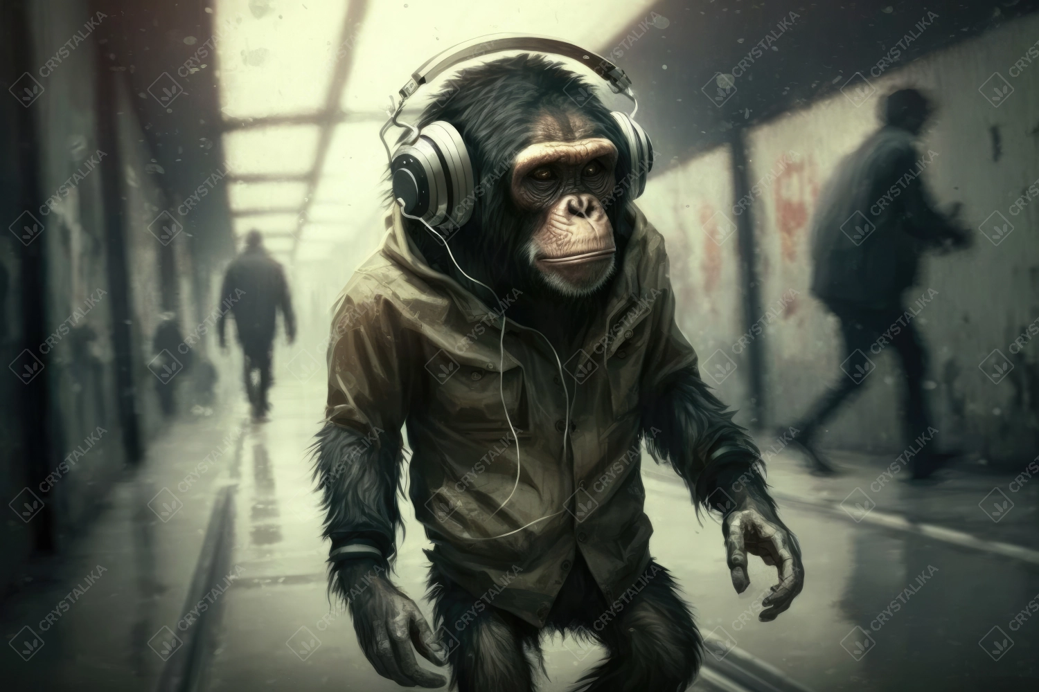 Stylish chimpanzee with headphones listening to music