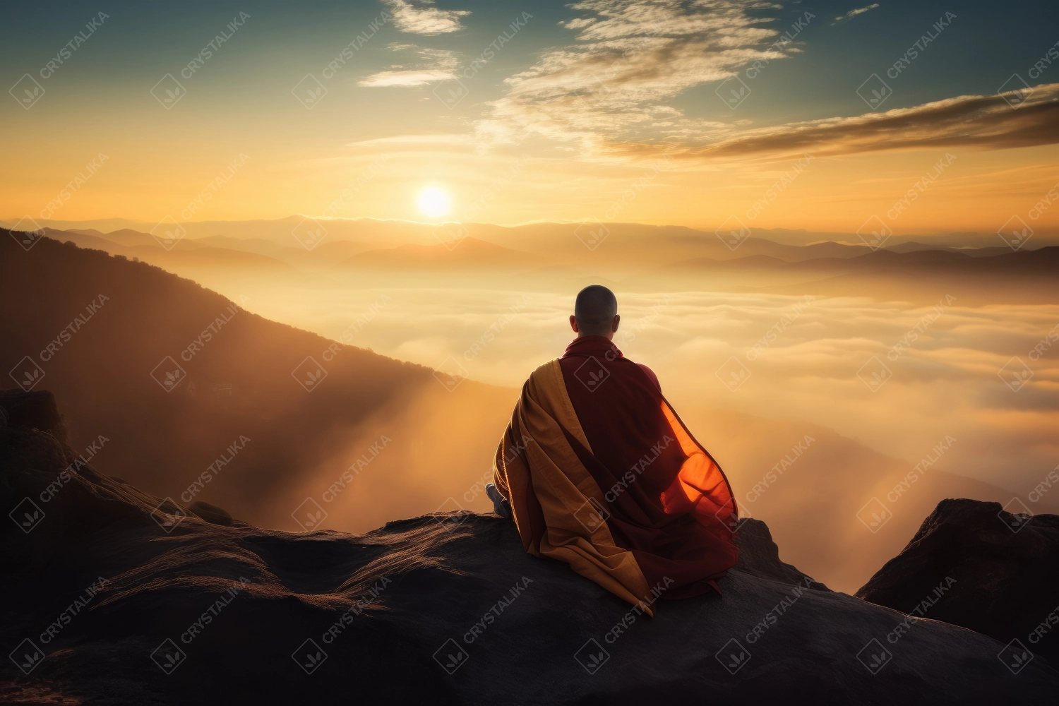 Tibetian monk meditating on top of the mountain