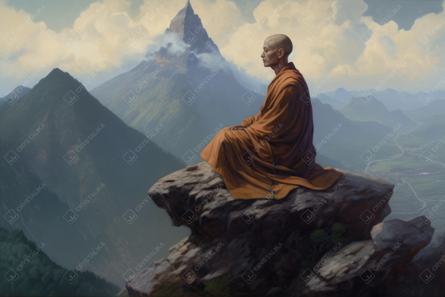 Tibetian monk meditating on top of the mountain