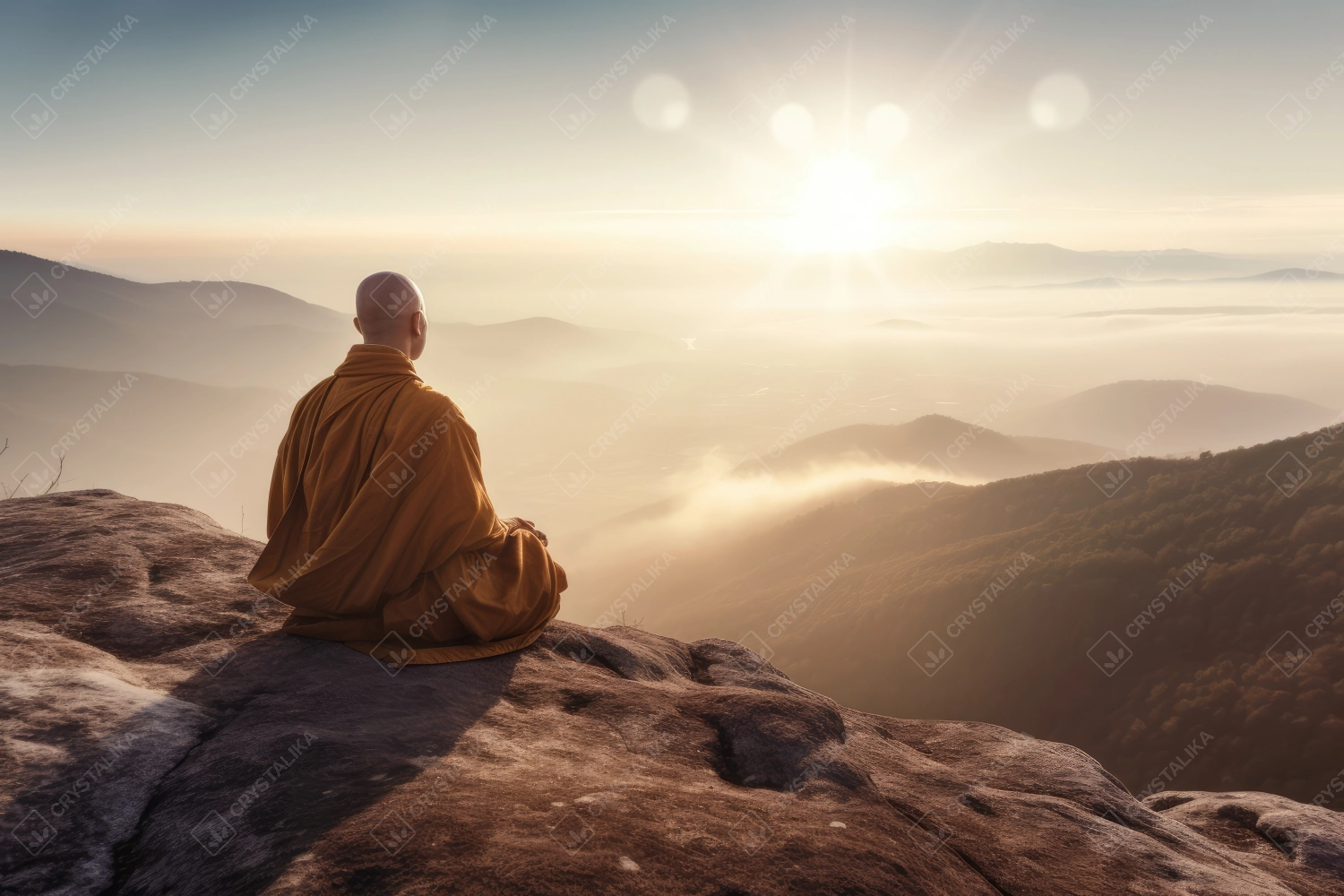 Tibetian monk meditating on top of the mountain