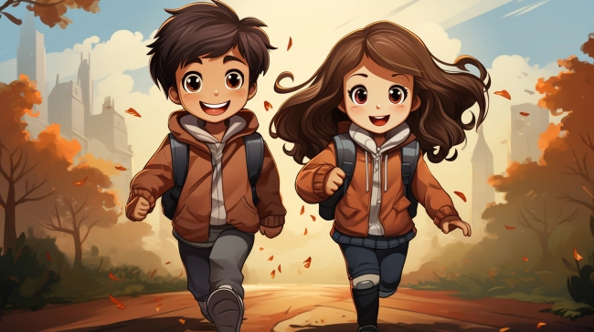 Young couple go to school in autumn