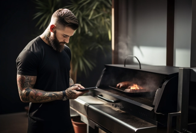 Young tattooed chef in uniform controlling grill with smartphone app - Young chef cooks on the grill