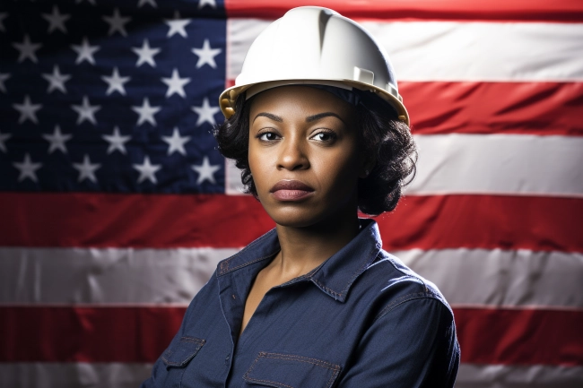 Professional Black Woman Engineer or Construction Industry Worker Wearing Safety Helmet Standing against USA Flag