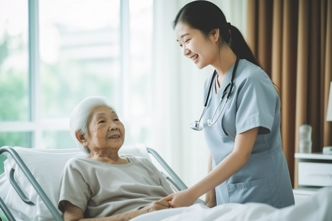 Smiling Asian caring nurse supporting holding hand of olde senior female patient lying on bed at clinic or hospital. Elderly people health care concept.