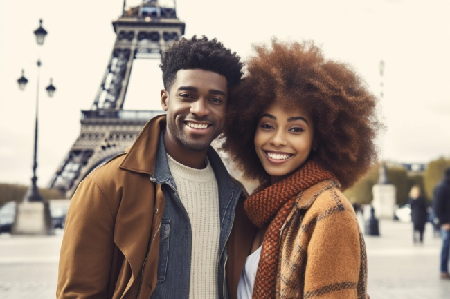 Black cheerful happy couple in love visiting Paris city centre and Eiffel Tower.