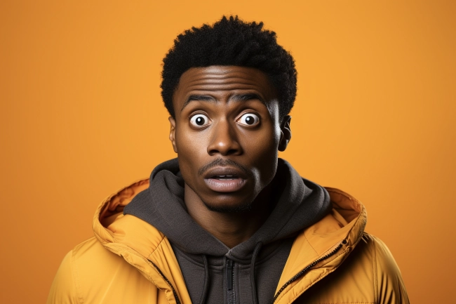 Young black man looking at camera in shock against bright solid background.