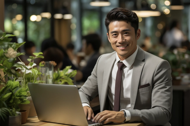 Asian businessman working on laptop at the bar. Remote working concept.