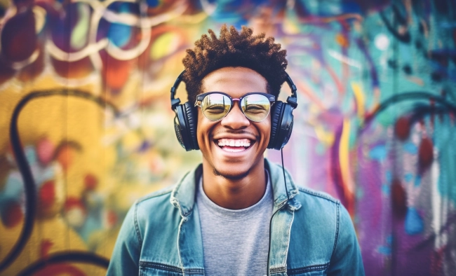 Portrait of a cheerful black stylish teen standing over multicolored graffiti wall, listening to music with headphones.