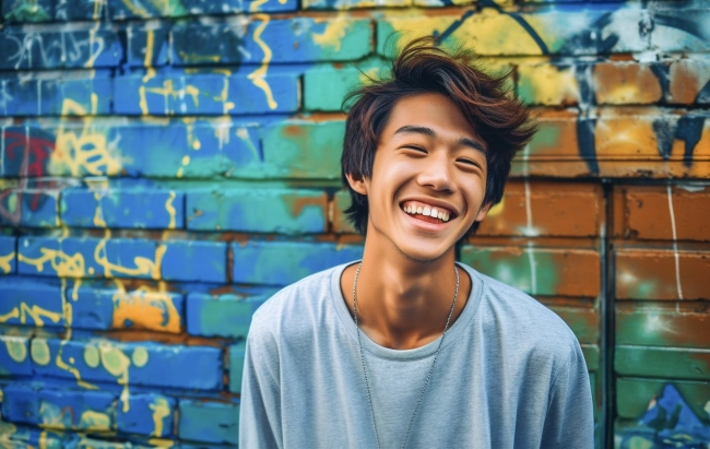 Portrait of smiling modern young teen Asian standing against painted wall in city street.