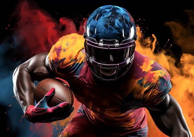 American football sportsman player running trough fluid multicolor powder.