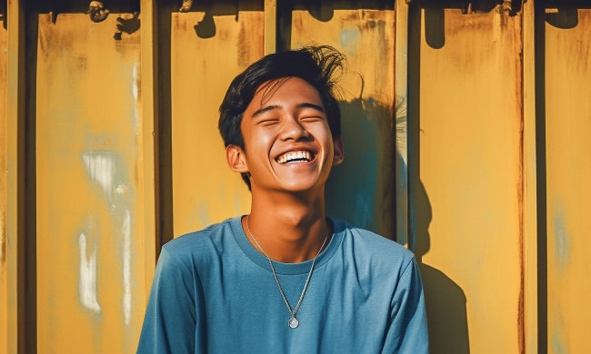 Portrait of smiling modern young teen Asian standing against wall in city street.