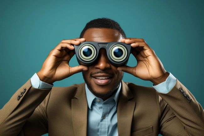 Black man in suit using futuristic virtual reality glasses.