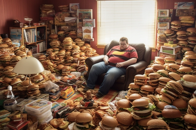 Fat guy sitting on armchair inside a room full of hamburgers and junk food.