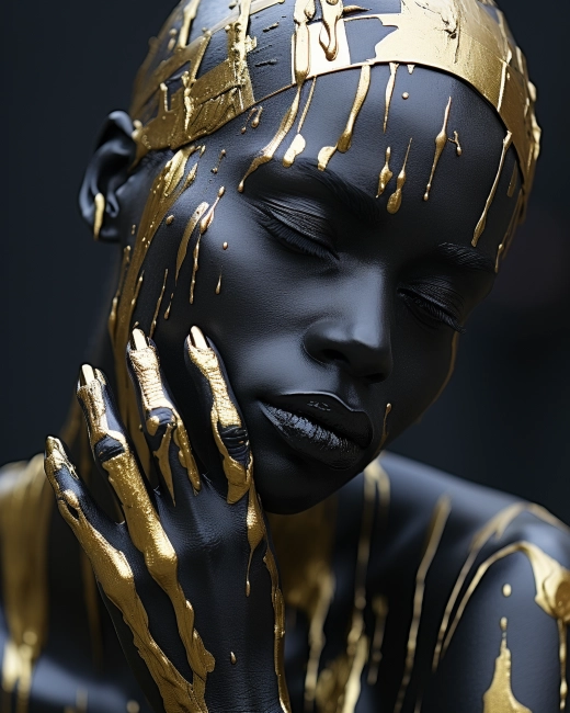 Black supermodel with gold castings on her face