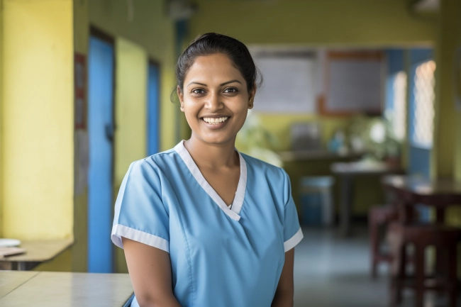 Portrait of Indian smiling female nurse in hospital or clinic. Smiling woman doctor wear uniform in hospital corridor.