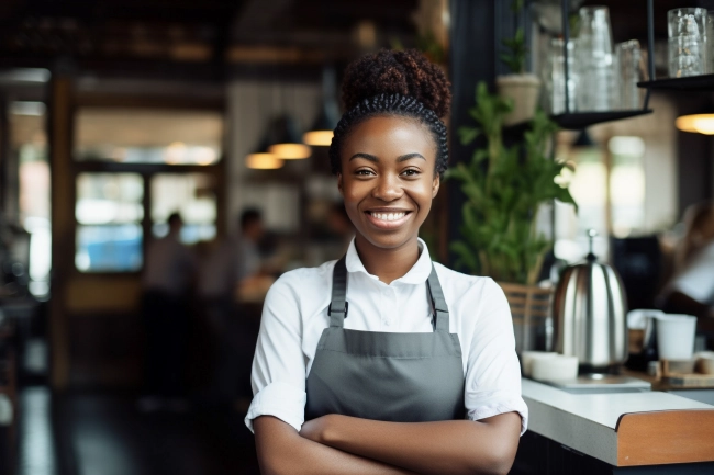 African American woman waiter ready to take orders. Coffee shop, barista and confident, happy and proud young female employee, worker or small business owner of cafeteria.