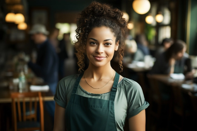 Young woman waiter ready to take orders. Coffee shop, barista and confident, happy and proud young female employee, worker or small business owner of cafeteria.