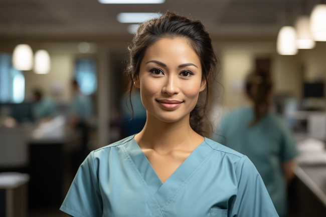 Portrait of Asian smiling female nurse in hospital or clinic. Smiling woman doctor wear uniform in hospital corridor.