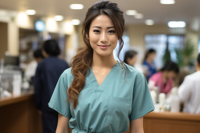 Portrait of Asian smiling female nurse in hospital or clinic.