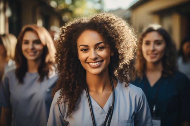 Group of young multi ethnic smiling female nurse.